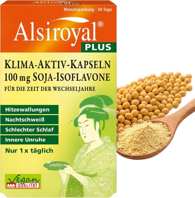 Detalle de Alsiroyal PLUS Klima-Aktiv-Kapseln mit Soja-Isoflavonen (100 mg) – vegan, 30 Kapseln