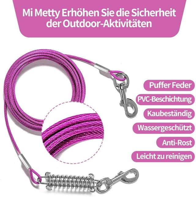 Thumbnail 2 de Mi Metty Tie-Out-Leine für Hunde (15 m) mit Federpuffer, 360° drehbarem Clip – für mittlere bis große Hunde, lila