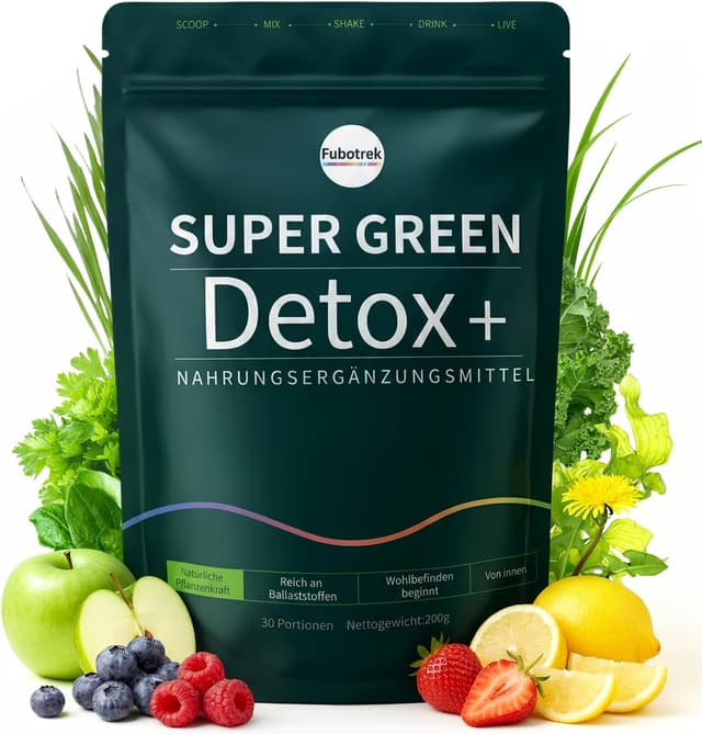 Detalle de Grünes Entgiftungspulver (200 g) mit Matcha, Gerstengras & Beeren – veganes Superfood-Pulver