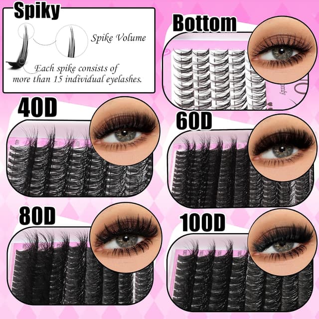 Detalle de YIDUO 4 Styles Lash Clusters Kit (40D/60D/80D/100D) with Spikes & Bottom Clusters, 2X Bond & Seal