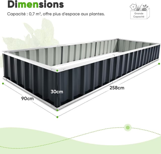 Detalle 1 de KING BIRD Bac de jardin surélevé 170 x 170 x 30 cm en acier galvanisé anthracite, 4 méthodes d’installation, 8 étiquettes T et gants