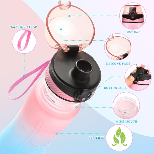 Detalle 2 de Binudum Motivations-Trinkflasche mit Zeitmarkierung (Tritan, 750 ml) – auslaufsicher für Sport & Alltag