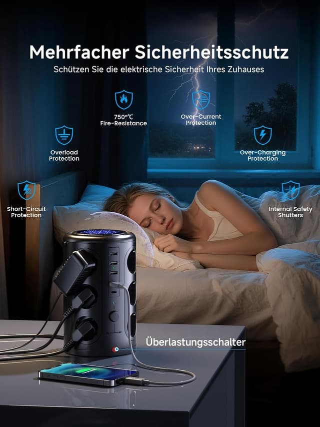 Detalle de Pluackg Mehrfachsteckdose mit 5 USB und 12 Fach, Überspannungsschutz & 5 m Verlängerungskabel (Schwarz)