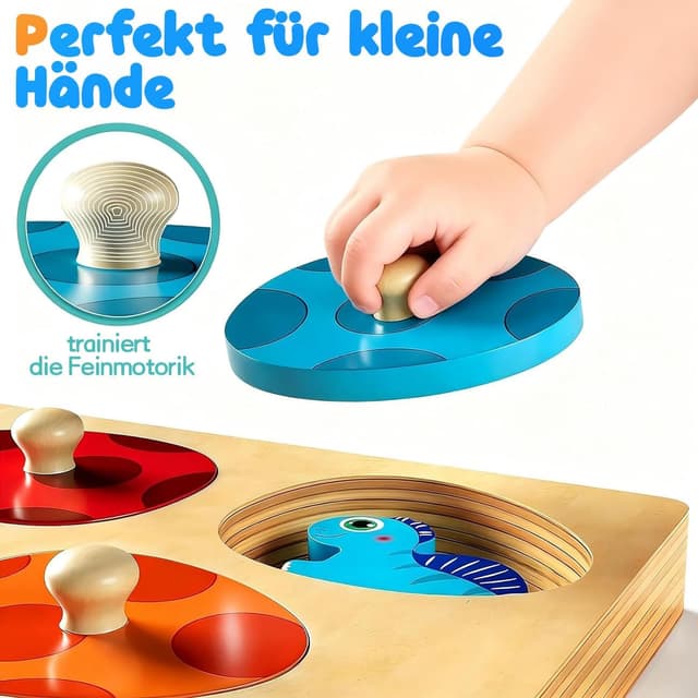 Detalle de Montessori Greifpuzzle ab 1 Jahr mit Dinosauriern und Tier-Eiern (Holzspielzeug, bunt) – Steck- & Sortierspiel für 12–36 Monate