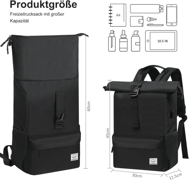 Detalle 2 de TANTOMI Rolltop-Rucksack für Damen & Herren mit 15,6“-Laptopfach – großer Mehrfächer-Schulrucksack