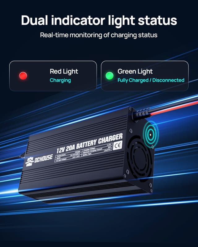 Detalle 2 de DCHOUSE 12V 20A LiFePO4 Lithium Battery Charger (14.6V) with Quick Connector