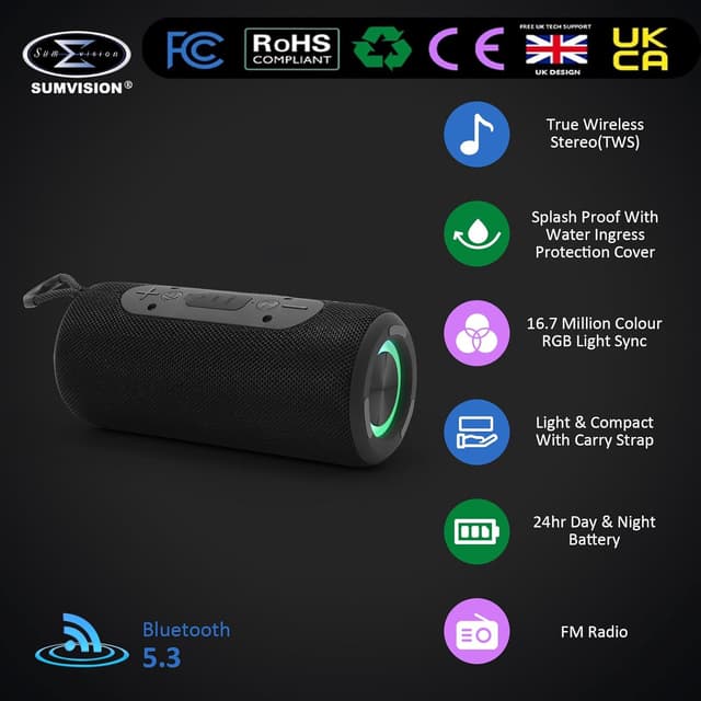 Detalle de Sumvision Monic Harmony Portable Bluetooth Speaker (True Wireless Stereo, 3D sound, Double Bass, RGB, 24hr)