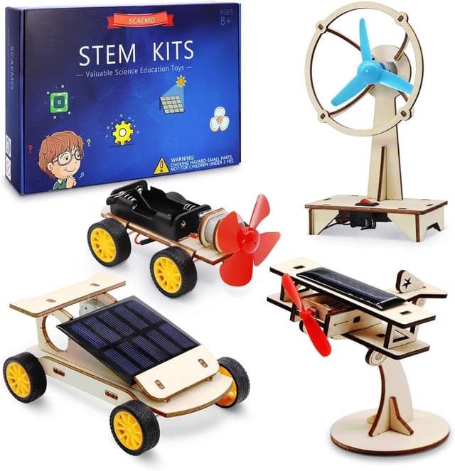 Detalle de STEM Kits for Kids Ages 8-14 (4 Wooden Kits): Solar Car, Solar Plane, Wind Car & Electric Fan Building Set