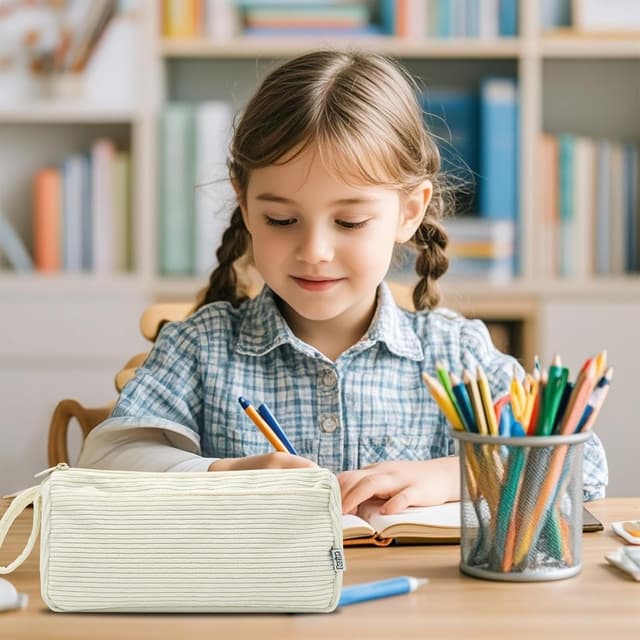 Detalle de Boziee Cord-Stoff Federmäppchen mit Doppel-Reißverschluss (Beige) – für Schule & Büro