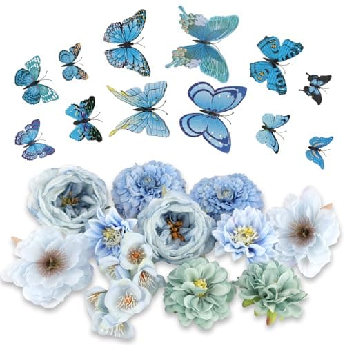 Detalle de MWOOT Flores artificiales variadas (12 rosas azules) con mariposas decorativas para centros de boda, graduación y baby shower