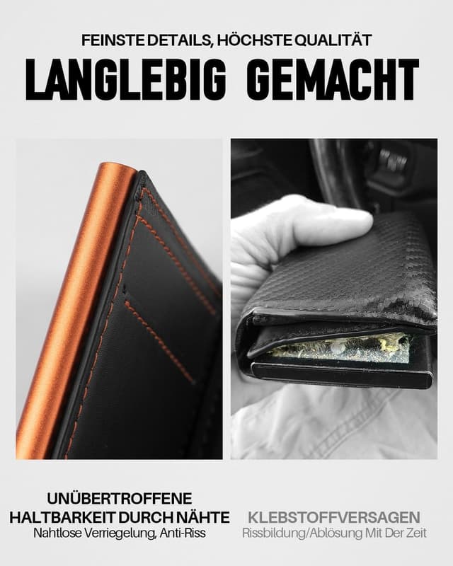 Detalle de MYSHION Herren-Geldbörse mit Münzfach, Sichtfenster & RFID-Schutz – Smart Wallet im Dreifach-Falt-Format (Schwarz Orange)