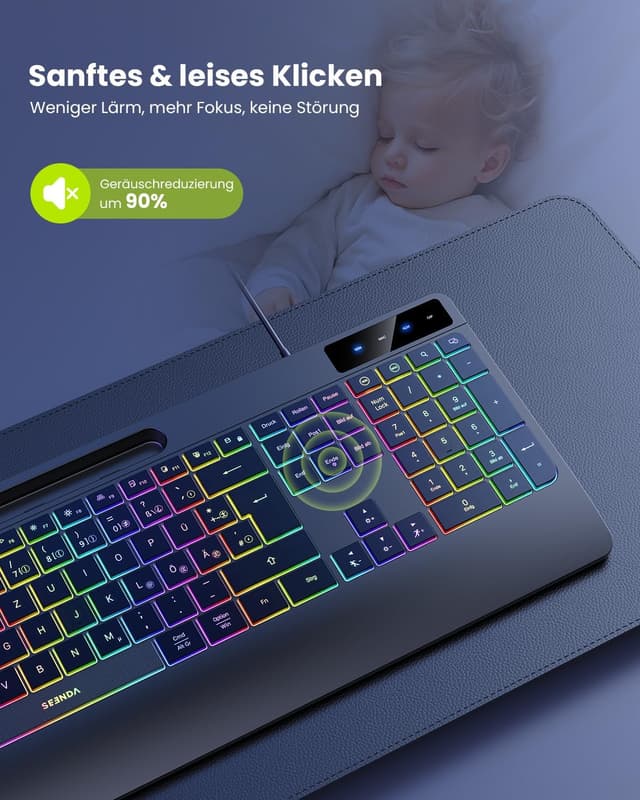 Detalle 2 de seenda KOE200 kabelgebundene beleuchtete Tastatur mit USB-A- & USB-C, ergonomisch mit Handgelenkauflage