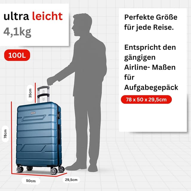 Detalle de NOWI Hartschalenkoffer XL (100 l) mit 8 360°-Rollen, Zahlenschloss & Teleskopgestänge – türkis