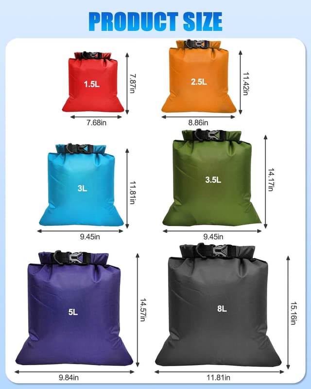 Detalle de Evolpor 6-Piece Waterproof Dry Bag Set (8L, 5L, 3.5L, 3L, 2.5L, 1.5L) for Hiking, Camping & Fishing