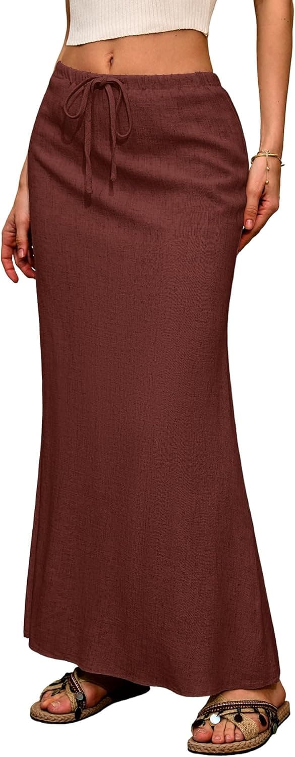 Thumbnail 6 de ELLEVEN Linen Flared Maxi Skirt with Back Slit (Elastic Waist Drawstring, Ankle-Length)