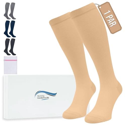 Detalle de 360 Relief medias de compresión 15–20 mmHg (1 par) para mujer y hombre, talla S/M beige con bolsa de malla