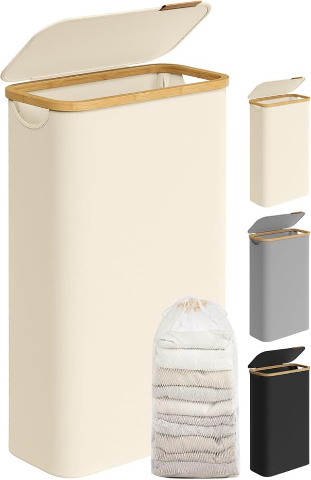 Detalle de SONGMICS LCB506W01 Slim Laundry Basket with Lid (65L) with Removable Mesh Liner