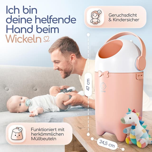 Detalle de Levias® Windeleimer Baby mit Geruchsdichtung – 10 l Windelmülleimer für Wickelstation ohne teure Nachfüllkassetten