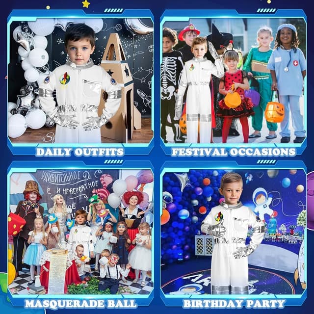 Detalle de Aomig Astronaut Kostüm Kinder (3-teilig) in Weiß/Silber – Astronautenoverall mit Helm & Handschuhen, unisex für S–XL