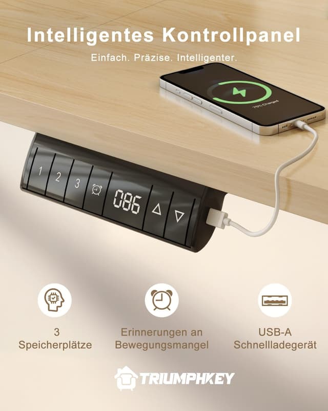 Detalle 1 de TRIUMPHKEY höhenverstellbarer Schreibtisch 160x80 mit USB-Ladeanschluss, 3 Memory-Steuerung und Kabelkasten (beige)