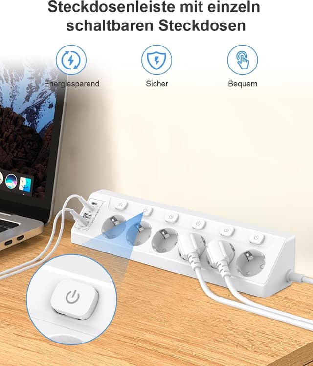 Detalle 2 de Vipwell Ecksteckdosenleiste 3680W, 6âFach + 4 USB (2xC) đ