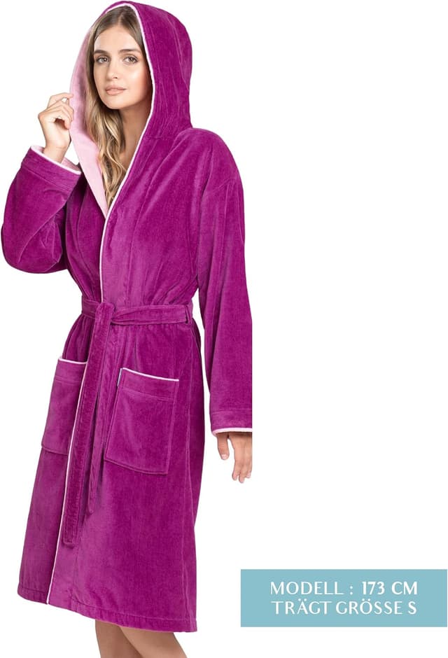 Detalle de Twinzen Damen-Bademantel aus 100% Baumwolle (Frottee-Velours) mit Kapuze, OEKO-TEX zertifiziert