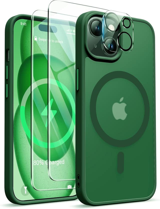 Detalle de ORETECH magnetische Hülle für iPhone 15 Plus (6,7") mit 2 Schutzfolien + Kameraschutz, stoßfest, Mag-Safe-kompatibel – Grün