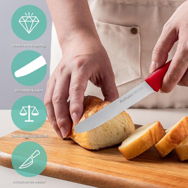 Detalle de Ruffulon Tafelmesser-Set (4 Stück) mit Wellentsschliff – Tomaten-/Brotmesser für Frühstück, Snack & Party