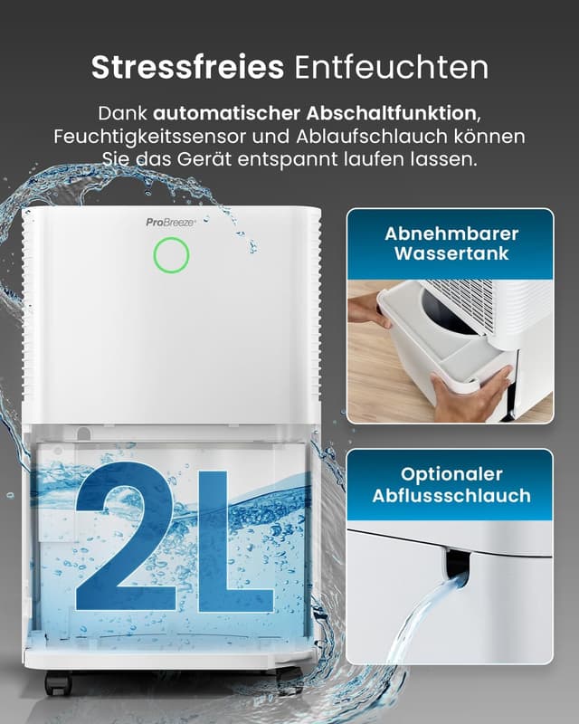 Detalle de Pro Breeze OmniDry Luftentfeuchter 12L/24h – elektrisch, Feuchtigkeitssensor, Ablaufschlauch, Timer