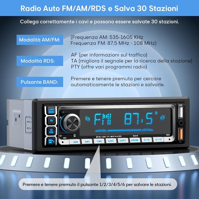 Detalle de RDS Autoradio Bluetooth 5.0 1-DIN con vivavoce, FM/AM e DSP Wistrue