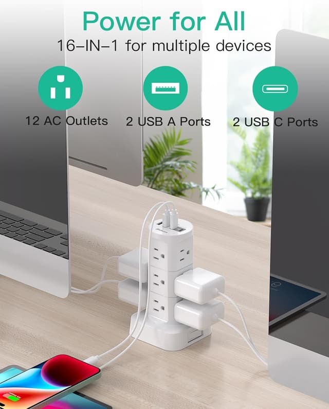 Thumbnail 6 de 12-Outlet Power Strip Tower with USB 🔌
