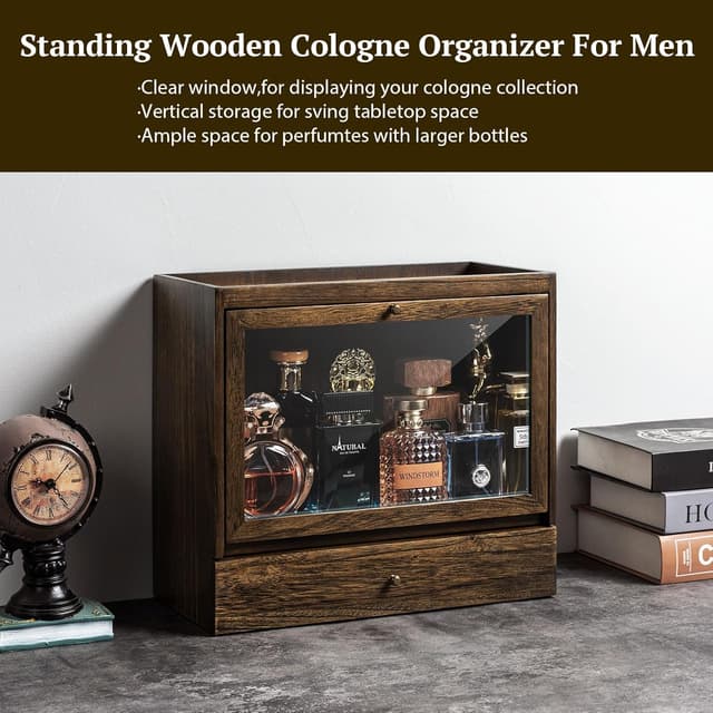 Thumbnail 6 de Emfogoo Cologne Stand solid wood perfume organiser with 3 tiers, dustproof acrylic panel and drawer storage