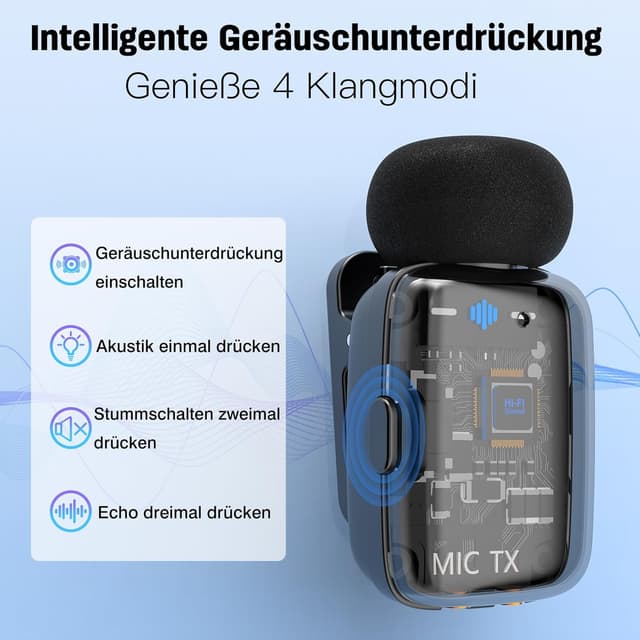 Detalle de ZealSound Mini kabelloses Lavalier-Mikrofon für iPhone, Android & iPad (USB‑C/Lightning, ANC, 33 h Akku)