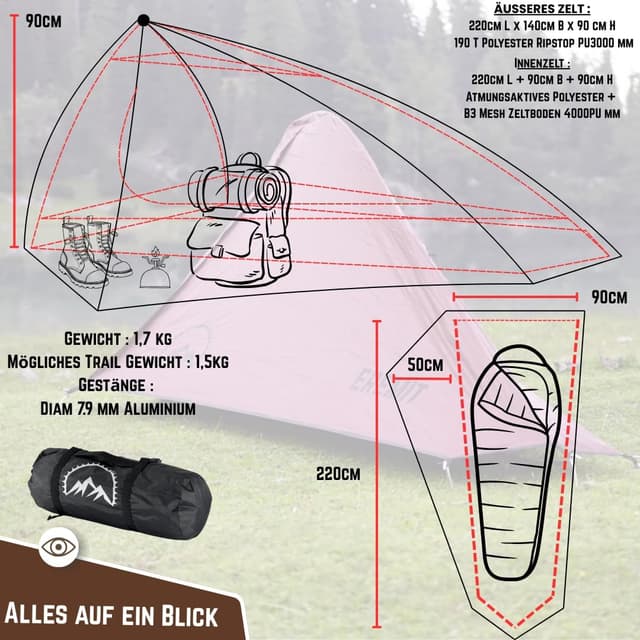 Thumbnail 6 de GOALPINE Zelte für 1 & 2 große Personen – wasserdichtes Ultraleicht-Zelt (4000 mm) für Wandern, Bergtour & Bikepacking