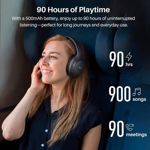Detalle 2 de TOZO wireless Bluetooth over-ear headphones with active noise cancelling, 5-mic AI chat and 90-hour playtime