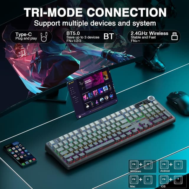 Detalle de AULA F108 Pro Wireless Gaming Keyboard (Full Size) with Display, Knob, RGB & Hot-Swappable Grey