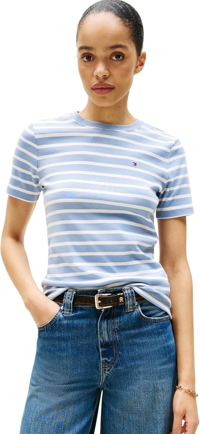 Detalle de Tommy Hilfiger Damen Slim Cody Kurzarmshirt C-NK Ss WW0WW40587 aus 100% Baumwolle