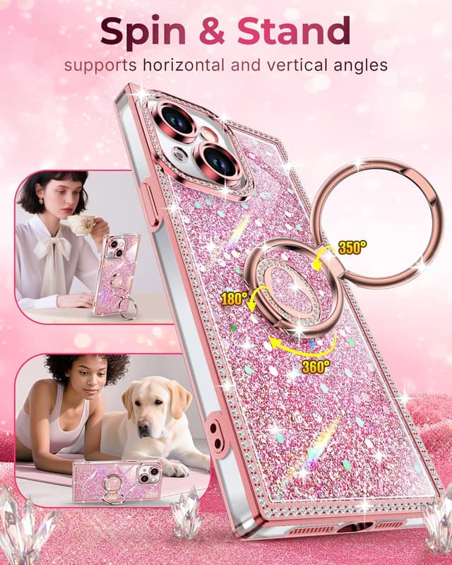 Detalle 2 de XYZ Glitter Bling Case for iPhone 15 (6.1-inch) with 2-Ring Heart Stand & Lanyard, Pink