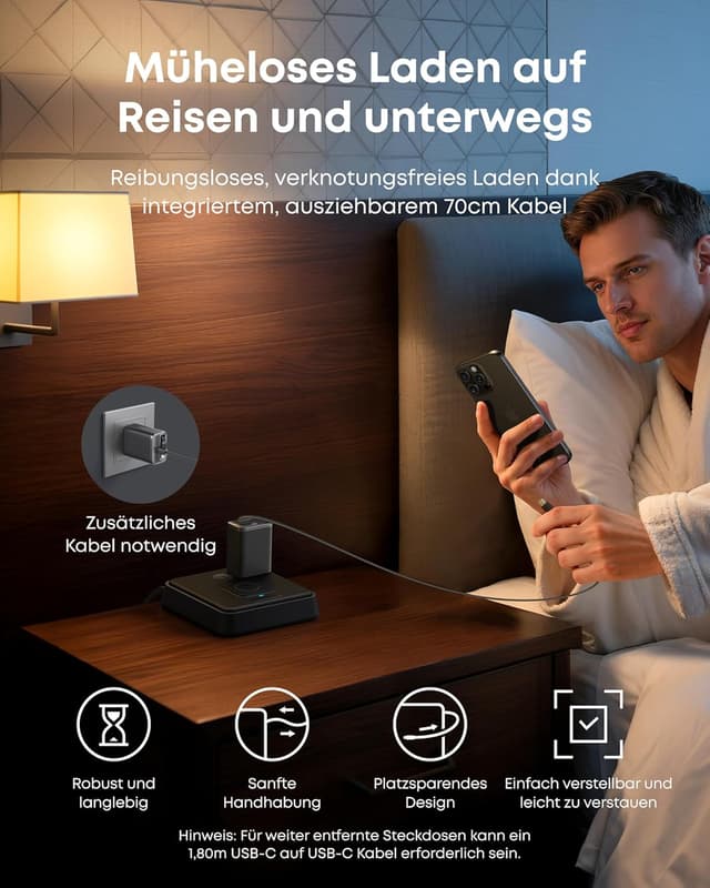 Detalle de Anker Nano USB-C Ladegerät 35W (2 Anschlüsse) mit ausziehbarem InstaCord-Kabel – kompaktes Netzteil für iPhone & iPad