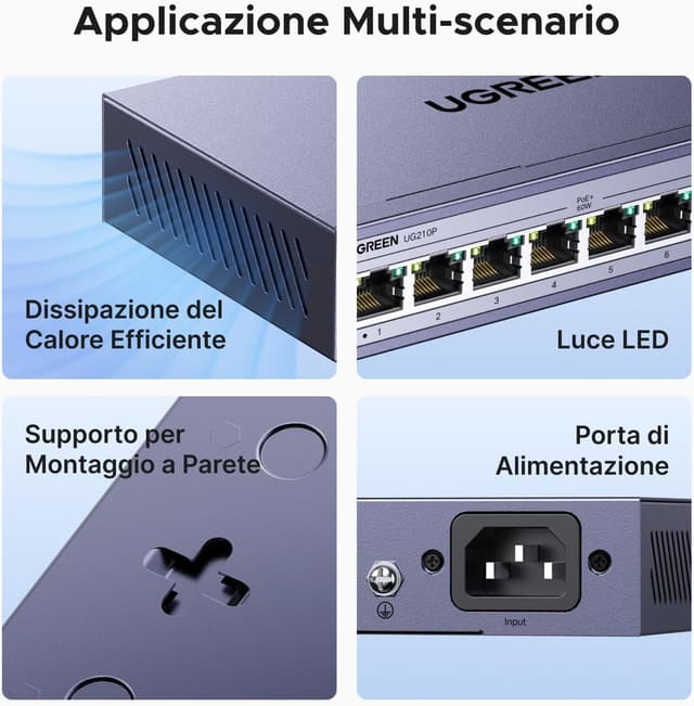 Detalle de UGREEN 10 Porte Gigabit PoE LAN Switch non gestito con 8 PoE + 2 uplink Gigabit (potenza PoE totale 60W, fino a 250 m)