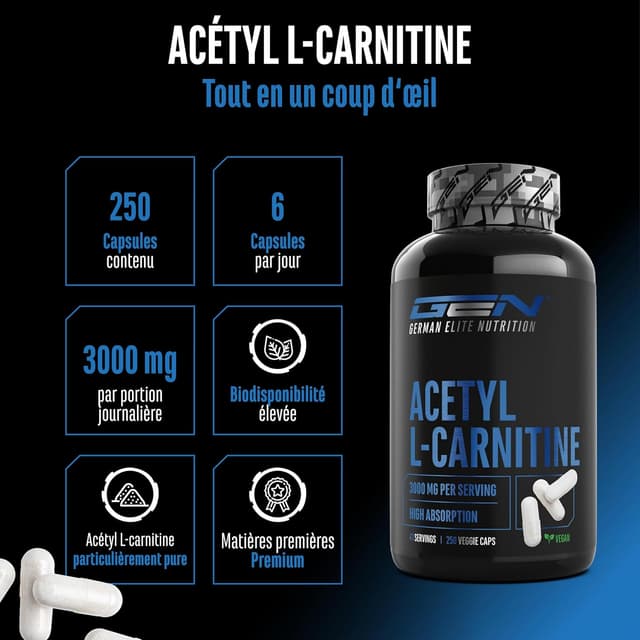 Detalle 2 de Acétyl-L-carnitine 3000 mg, 250 gélules véganes