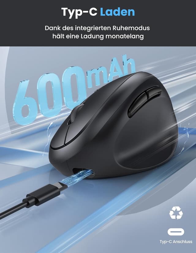 Detalle 2 de TECKNET ergonomische Bluetooth-Maus (BT 5.0/3.0 + 2,4G), wiederaufladbar, 3-Geräte, 6 Tasten, 4800 DPI