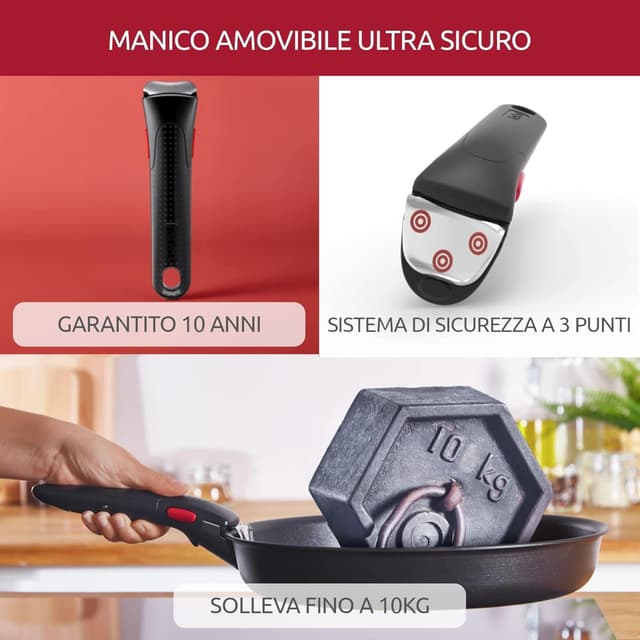 Detalle de Lagostina Ingenio Essential Plus set 6 pezzi in alluminio antiaderente (gas e forno, no induzione) con manico removibile
