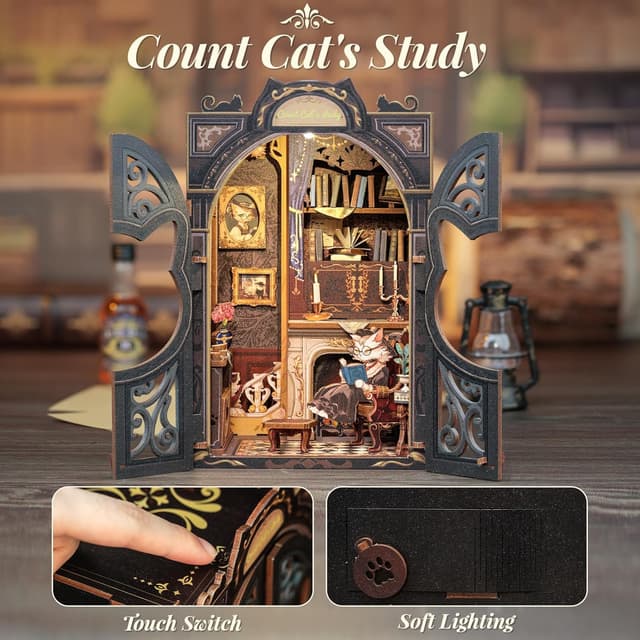 Detalle de CUTEBEE Count Cat’s Study Book Nook Kit mit LED – DIY Puppenhaus Bausatz als Bücherregal-Deko