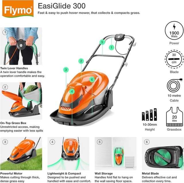 Detalle de Flymo EasiGlide 300 Hover Collect Lawn Mower (1700W/1900W, 30cm cut, 20L grass box)