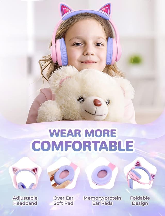Detalle 2 de iClever Kids BTH13 Bluetooth Cat Ear LED Headphones (wireless + 3.5mm, volume limiting, mic)