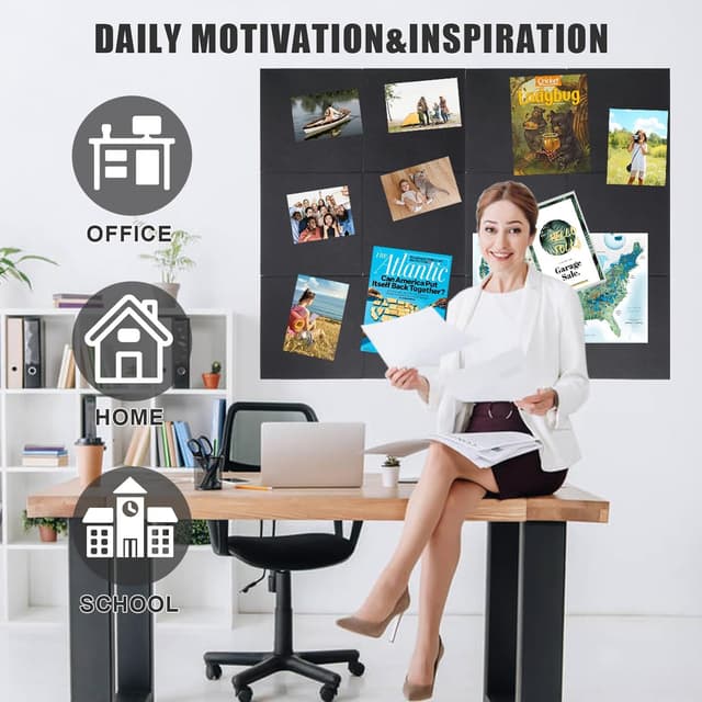 Detalle de Cork Board Alternative felt tile notice pin board (90 x 60 cm) – 6 pack with 20 pushpins, black