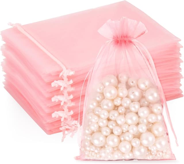 Detalle de G2PLUS Baby Pink Organza Gift Pouches (13x18 cm) – 50 Pack Clear Mesh Wedding Favour Bags