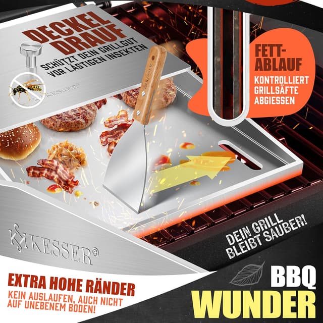 Detalle de KESSER Plancha Grillplatte aus Edelstahl mit Deckel (40 x 30 cm) bis 800 °C, mit Fettablauf – inkl. 2 Spatel, Schürze, Grillmatte & Rezeptbuch