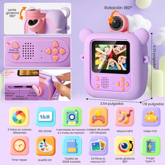 Detalle 2 de ARNSSIEN Cámara Infantil Instantánea 📸 2.4" con 32GB